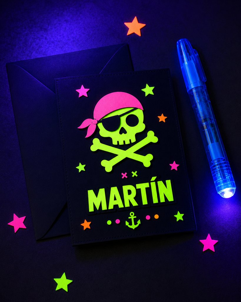 invitación personalizada Uv piratas version luz negra.webp
