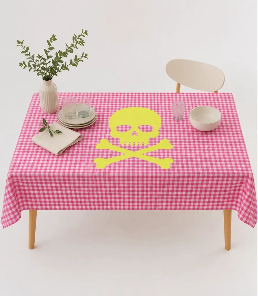Mantel vichy risa flúor calavera central mockup.webp