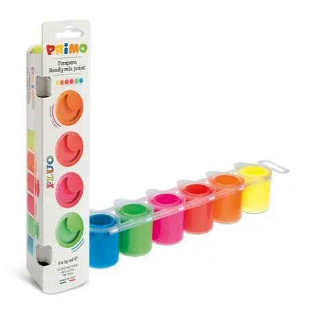 [234TP300400.P] Plastic strip with 6 pots 25 ml of ready-mix FLUO poster paint. Carton sleave