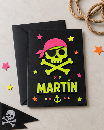 Invitación Piratas neón personalizada